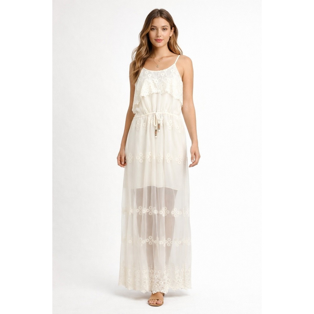 CHASER Lace Semi-Sheer Maxi Dress Romantic Cottagecore Festival Ivory Sz S NWT